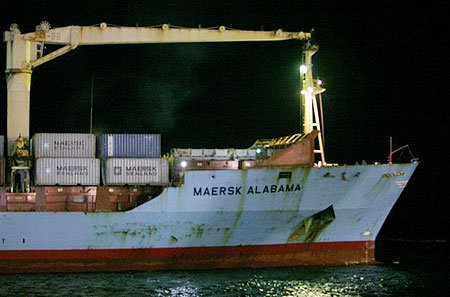 The Maersk Alabama arrives at the port of Mombasa April 11, 2009. 
